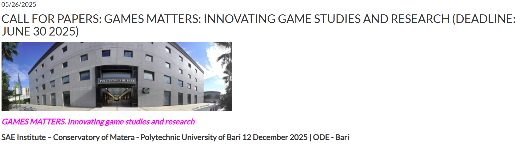CfP GAMES MATTERS. Innovating game studies and research